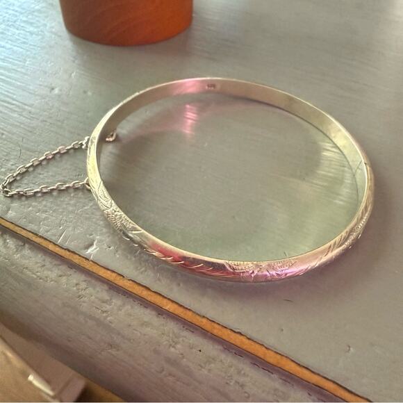925 Sterling Silver Etched Bangle Bracelet - Picture 2 of 10
